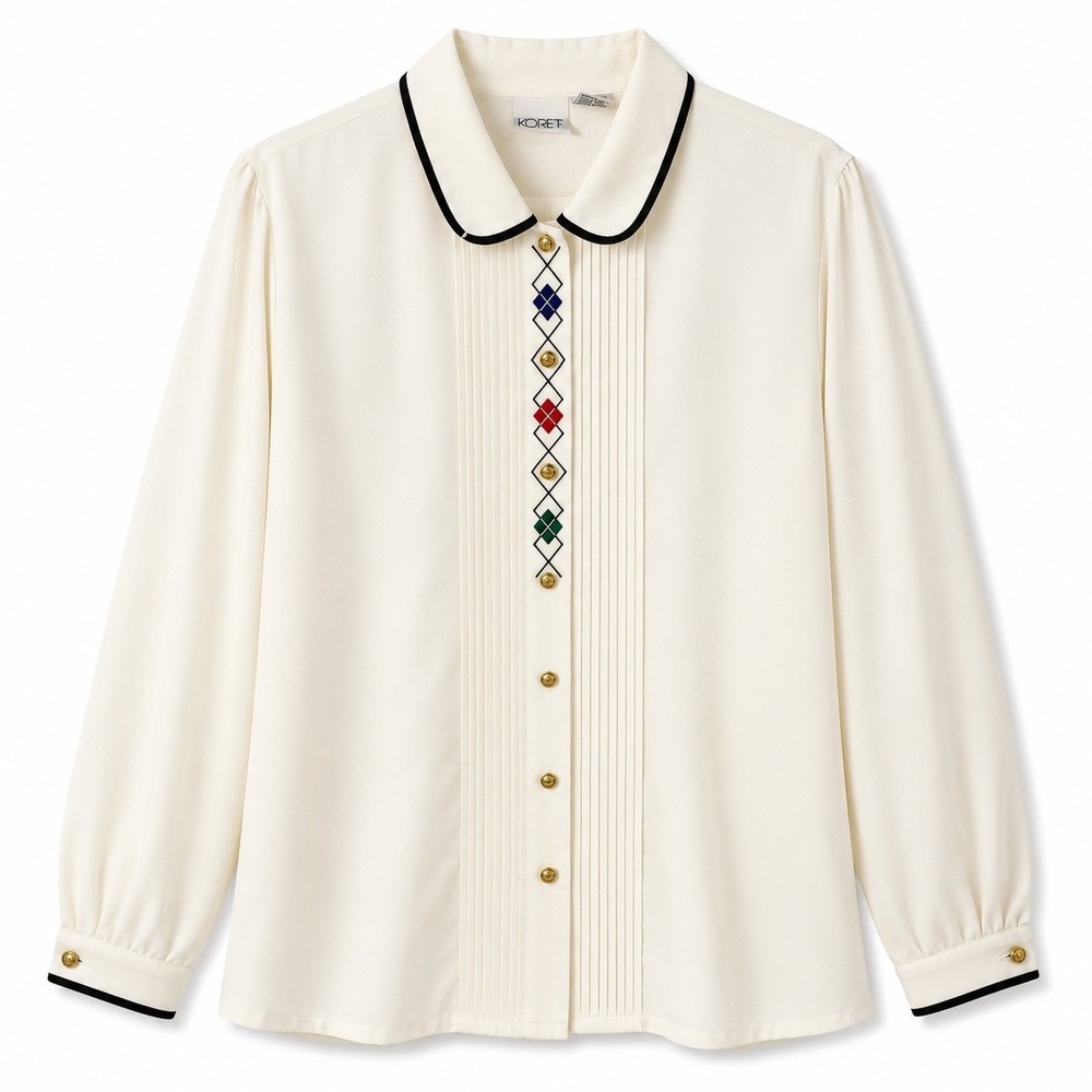 Vintage Koret Womens 20W Ivory Blouse Embroidered Peter Pan Collar Cottagecore